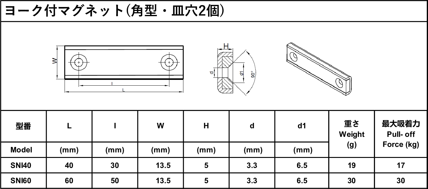 ヨーク付マグネット(角型・皿穴2個)